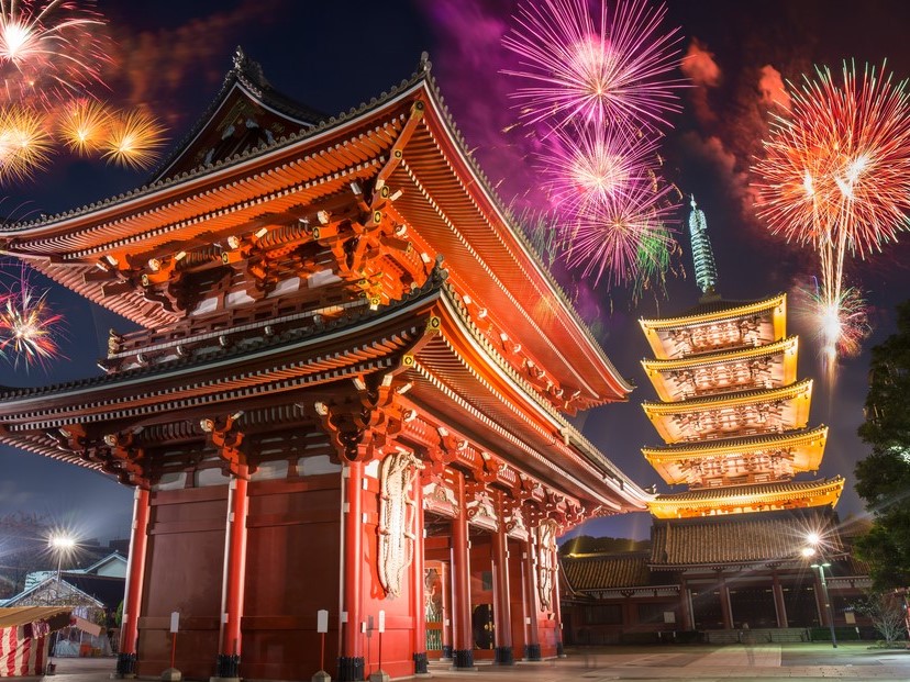 浅草寺と花火